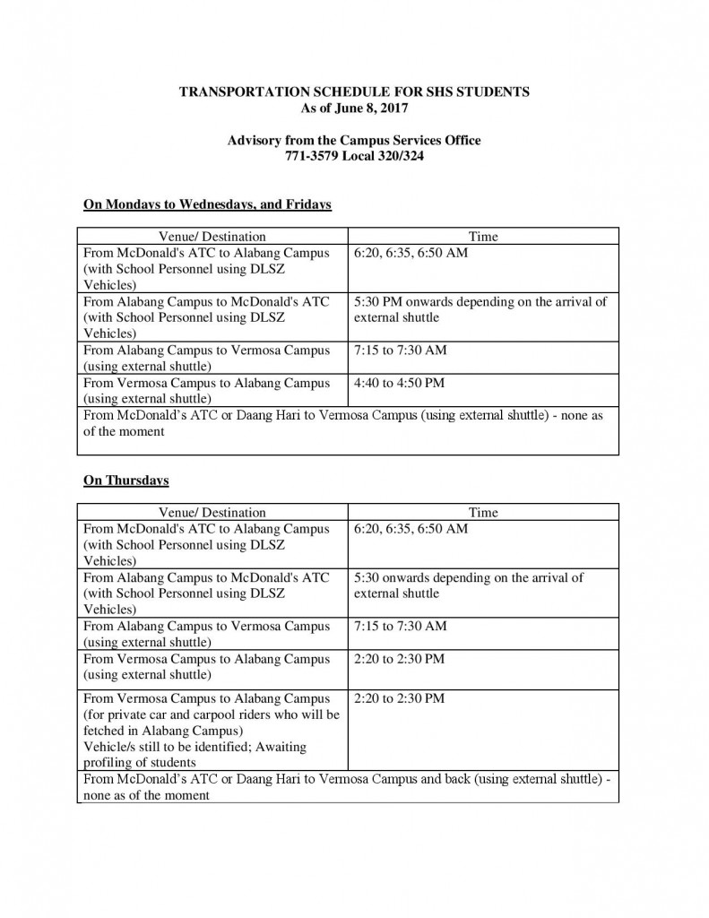 TRANSPORTATION SCHEDULE FOR SHS STUDENTS -page-001
