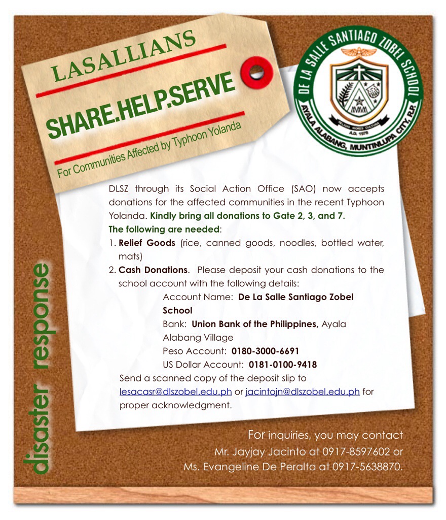De La Salle Santiago Zobel | DLSZ Accepts Donations for Typhoon Yolanda ...