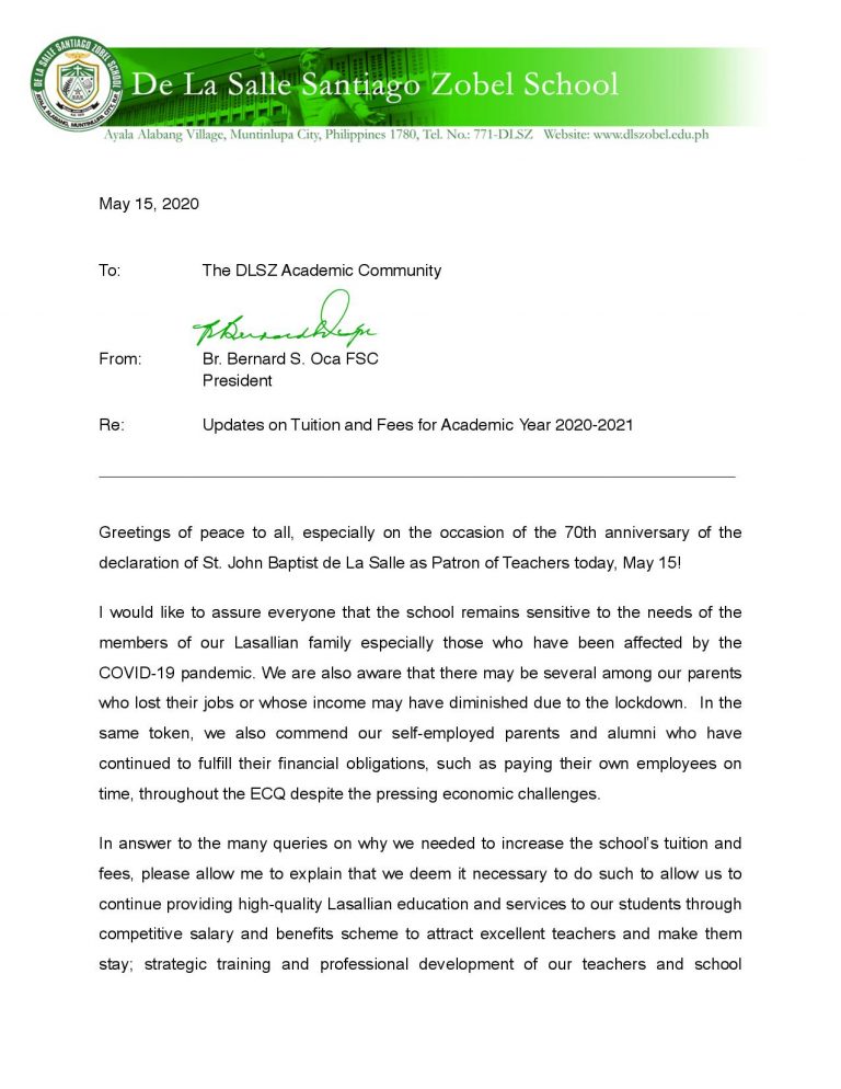 Updates on Tuition and Fees for AY 20202021 De La Salle Santiago Zobel
