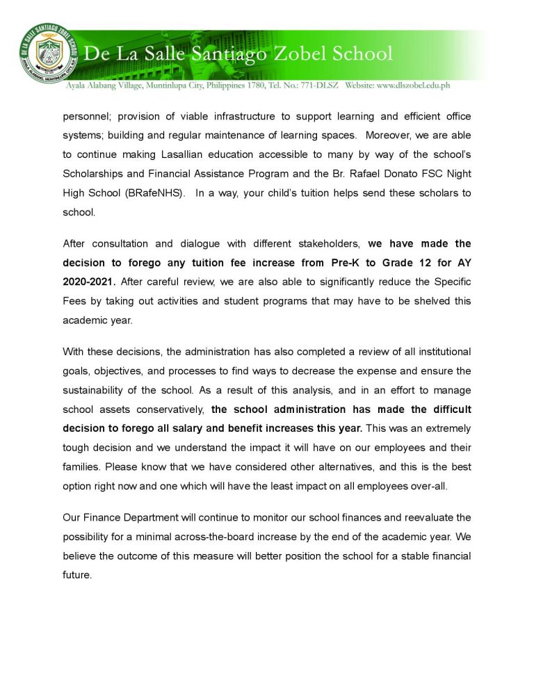 Updates on Tuition and Fees for AY 20202021 De La Salle Santiago Zobel